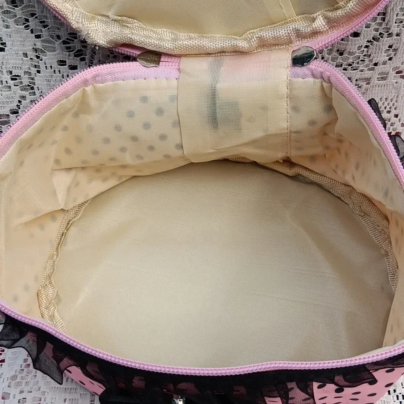 🆕️EXTRA LARGE VINTAGE PINK & BLACK POLKA DOT ZIPPERED COSMETIC BAG WITH POCKETS - Picture 14 of 17